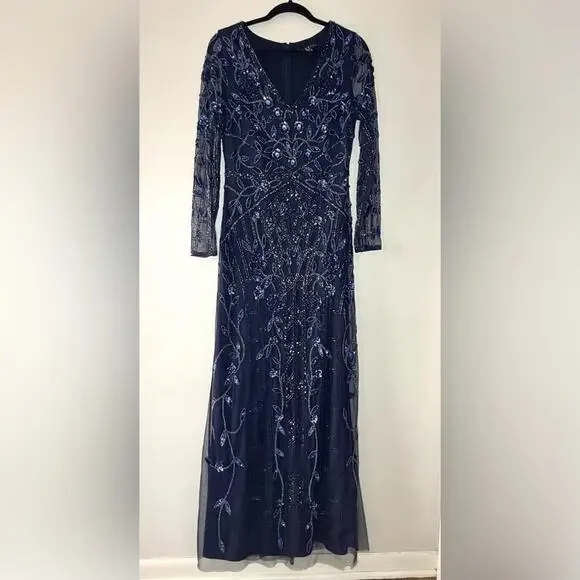 Aidan Mattox Sequined Beaded Long Sleeve Gown Navy Size 10 - Picture 9 of 15